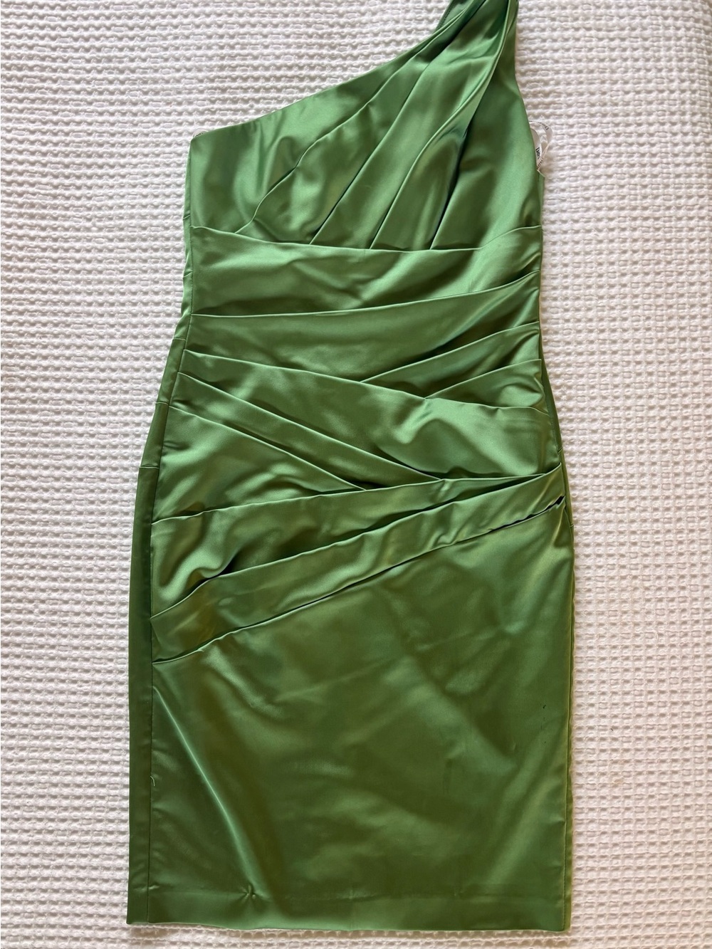 David's Bridal Olive Green One-Shoulder Ruched Satin Dress